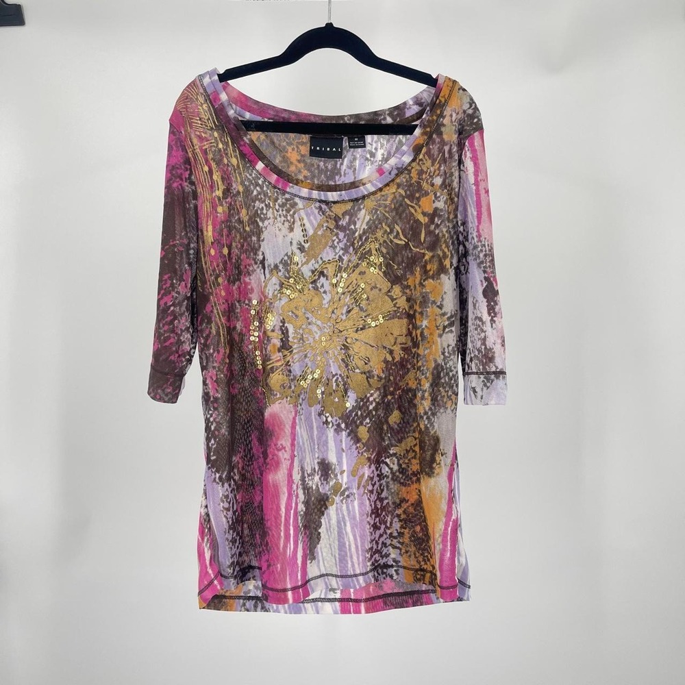 Vintage Y2K Women's Sequin Mesh Top M Euro Colorful Bling Fairy Maximalist
